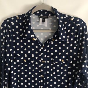 BCBG blue and white polka dot top.